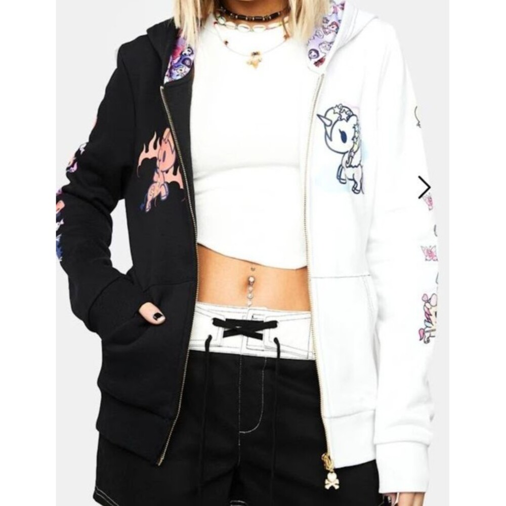 Tokidoki Womens XL Heaven Can Wait Full Zip Color Block Hoodie NWT Devil Angel